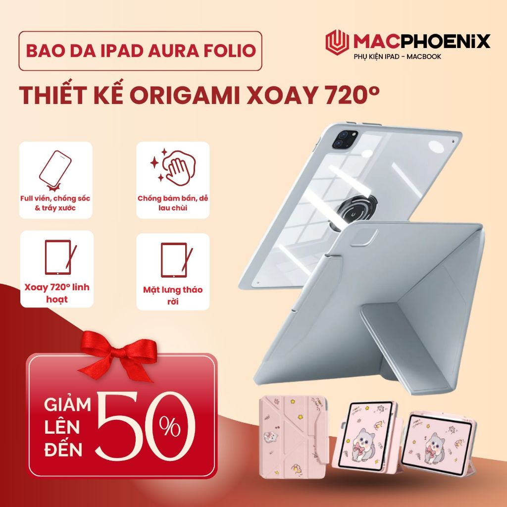 Bao da iPad Aura Folio P08 Origami Đa Chế Độ, Xoay 720°, Tháo Rời – Case Cho iPad Pro/Air 4/5/6, Pro