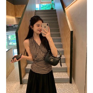 mie studio - /WGWE/ #w3938 Áo caro vuông bé cổ yếm V có dây buộc điều chỉnh eo nữ tính, tiểu thư