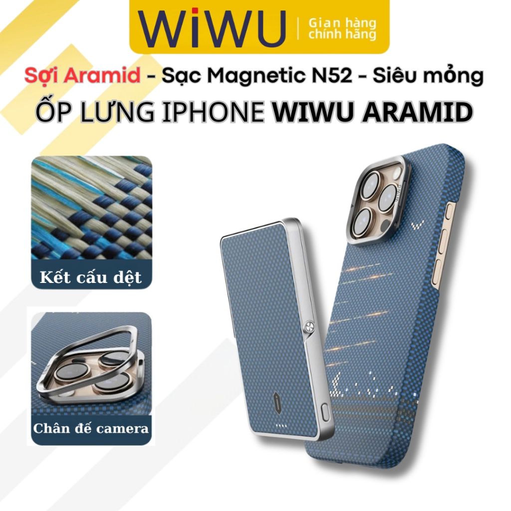 Ốp Lưng WIWU ARAMID ARMOR Kevlar – Siêu Mỏng, Chống Sốc, Hỗ Trợ Sạc Không Dây Magnetic cho iPhone 16
