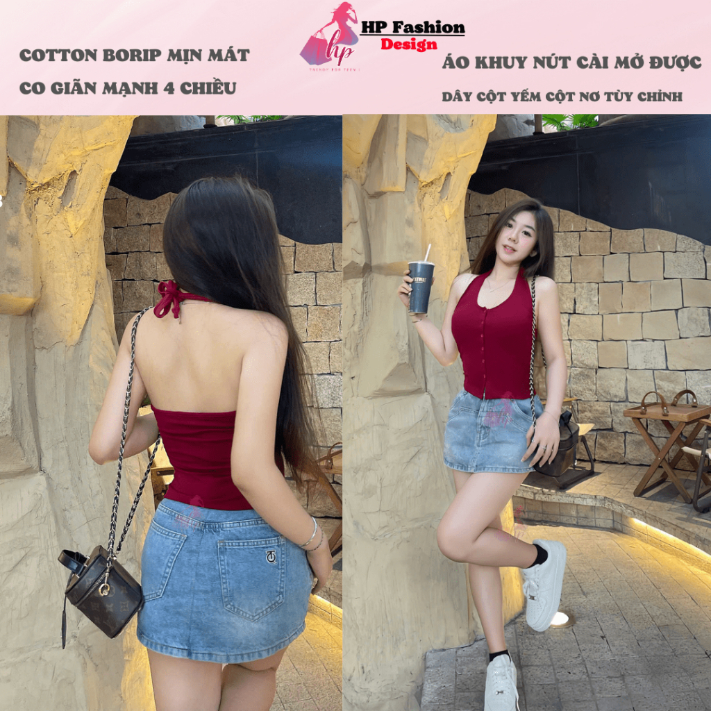 [XẢ KHO TẾT]Áo ba lỗ cột dây yếm sau hở lưng mùa hè không mút, áo kiểu nữ trơn basic cao cấp cài cúc ôm chiết HP33 | BigBuy360 - bigbuy360.vn