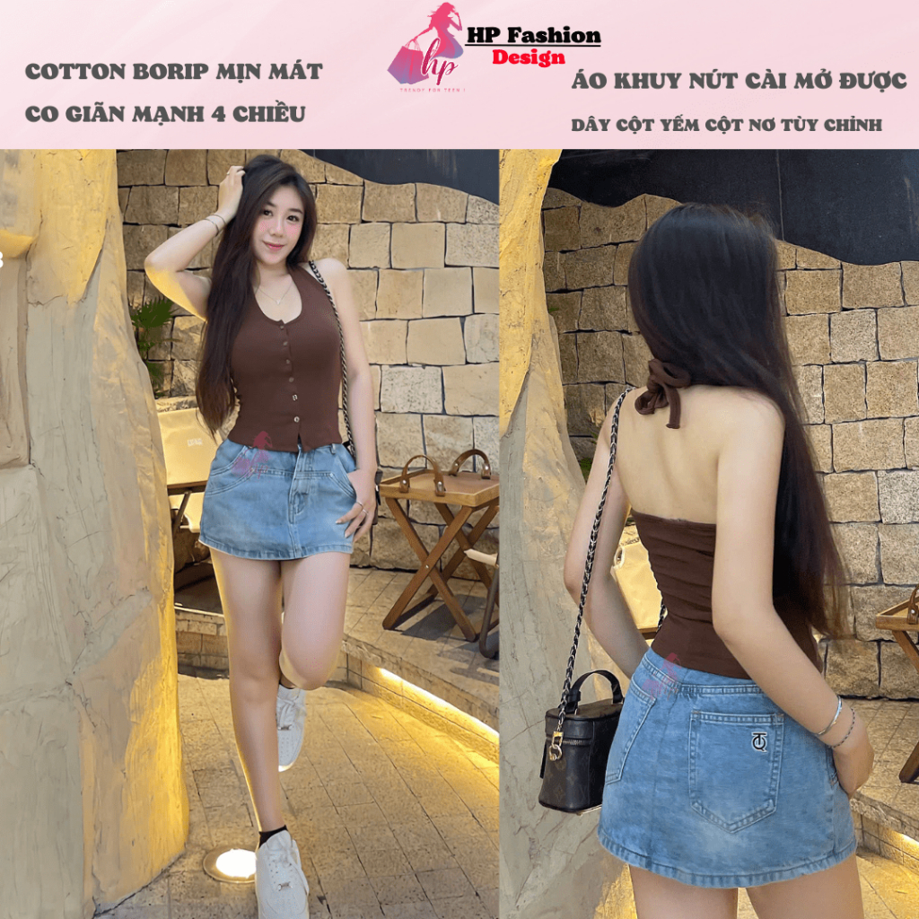 [XẢ KHO TẾT]Áo ba lỗ cột dây yếm sau hở lưng mùa hè không mút, áo kiểu nữ trơn basic cao cấp cài cúc ôm chiết HP33 | BigBuy360 - bigbuy360.vn