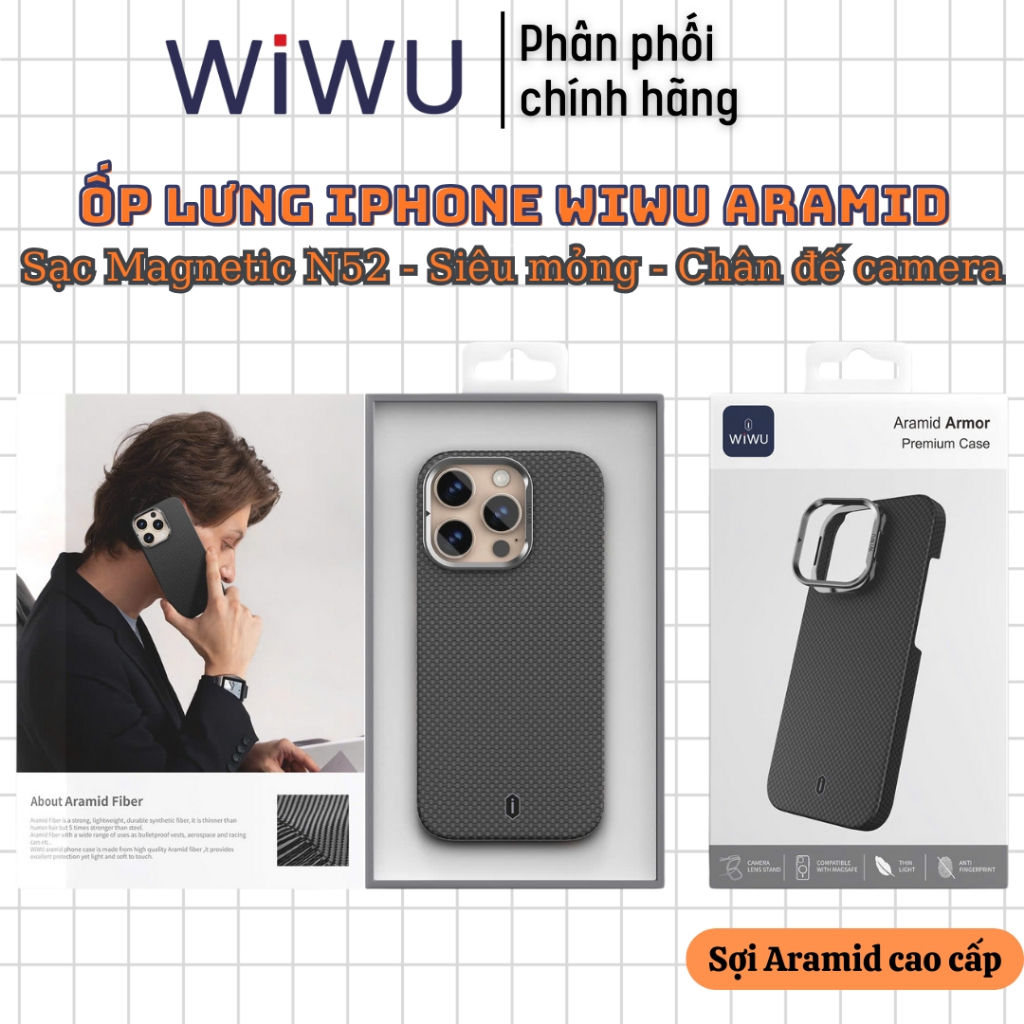 Ốp lưng Carbon Kevlar sợi Aramid cho iPhone 16 Pro Max / 16 Pro WIWU Aramid Armor - Siêu mỏng, Sạc t