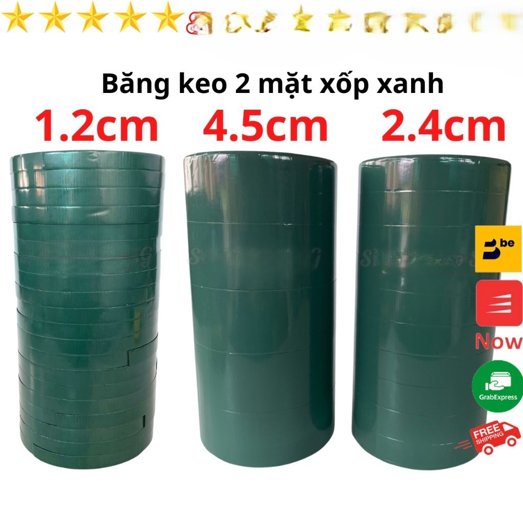 Băng keo 2 mặt xốp xanh 1,2cm - 2,4cm - 4,5cm, độ dầy 1mm, lõi giấy 3mm