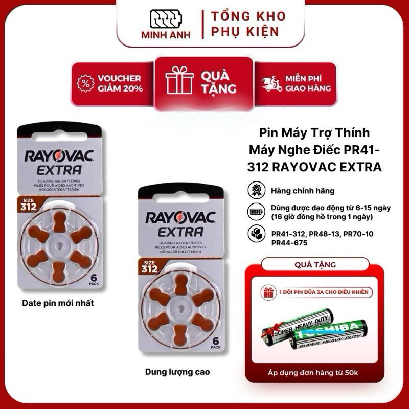 Pin máy trợ thính A312 312 PR41 AG3 Rayovac chính hãng - Vỉ 6 viên