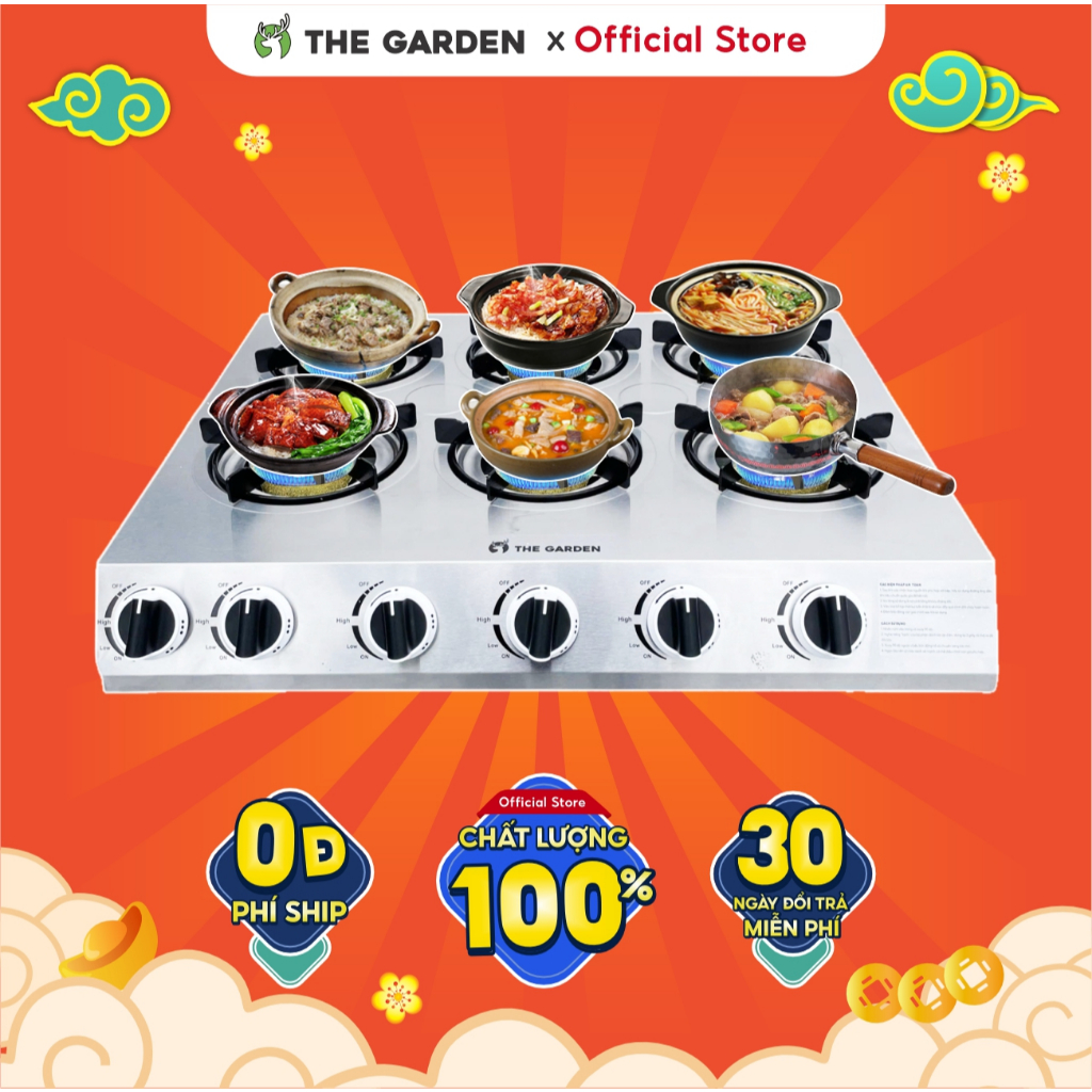 Bếp gas Nấu 4, 6, 8 họng THE GARDEN x GREENFIRE bản mới chuyên làm mì cay, cơm niêu, bánh tráng chất liệu inox 304