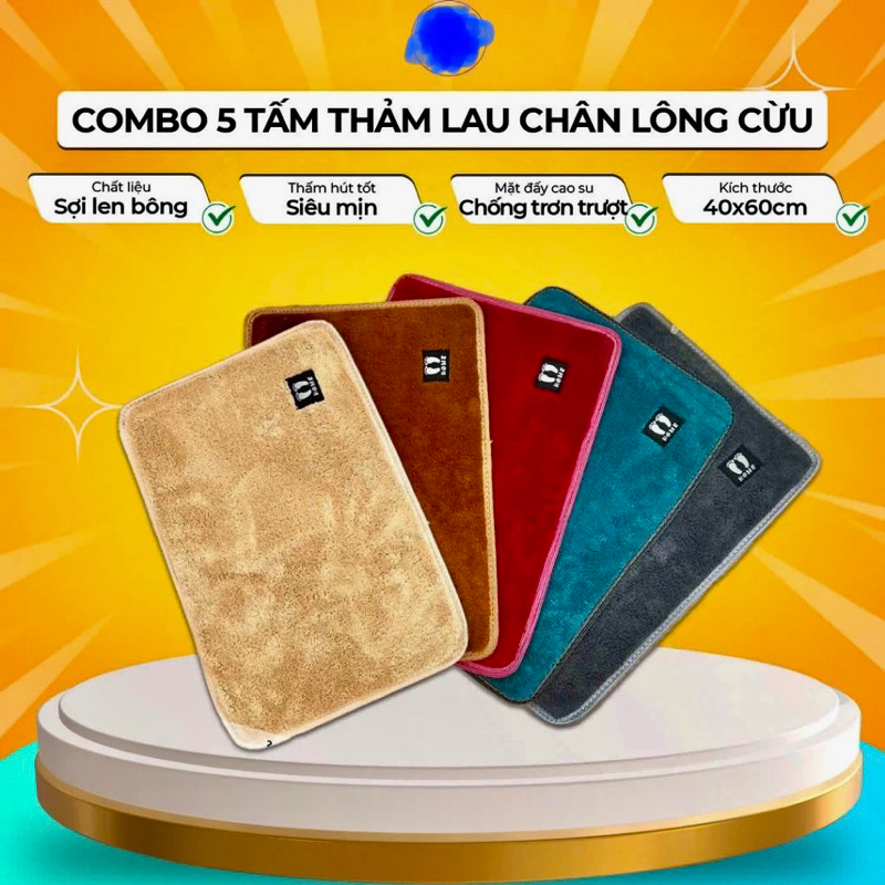 Combo 5 cái Thảm bàn chân, thảm chùi chân, siêu thấm hút nước, chống trơn trượt, sợi lông cừu êm mềm  kt 60cm x 40cm