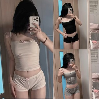  Bộ đồ ngủ mặc nhà áo hai dây phối quần short chất mát set đồ ngủ tí hon thun gân viền ren CARY 