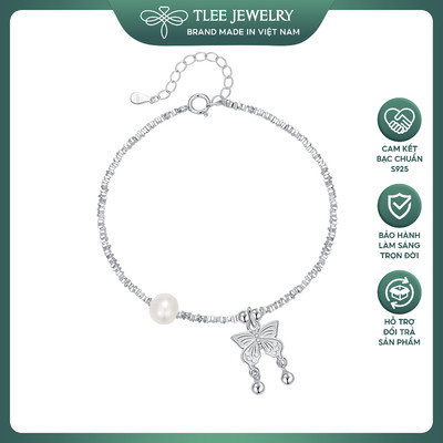 Lắc tay bạc nữ TLEE hạt bạc vỡ treo charm hồ điệp mix ngọc trai nước ngọt TLEE JEWELRY LT0374