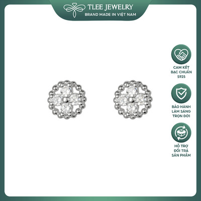 Bông tai bạc nữ TLEE hoa nhí bốn cánh đính đá khung viền bi hạt tròn TLEE JEWELRY B0542