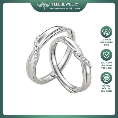 Nhẫn đôi bạc TLEE freesize ngỏ lời yêu dáng thân vát chéo đính đá CZ cao cấp TLEE JEWELRY ND0124