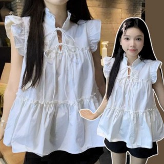 CÓ SẴN Áo sơ mi nữ cánh tiên cổ trụ phối viền bèo thắt nơ sát nách dáng babydoll tiểu thư sang chảnh