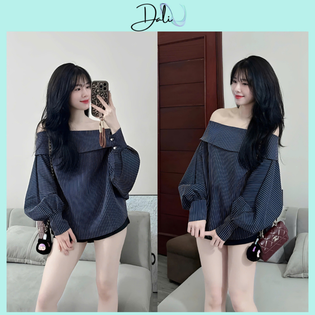 Áo Trễ Vai Kẻ Xanh Than Tay Bồng Fom Rộng Sang Chảnh | BigBuy360 - bigbuy360.vn