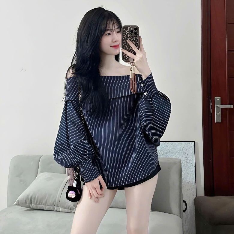 Áo Trễ Vai Kẻ Xanh Than Tay Bồng Fom Rộng Sang Chảnh | BigBuy360 - bigbuy360.vn