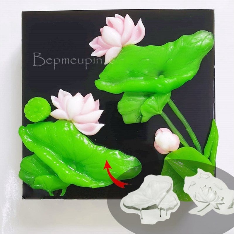 Bộ 2 khuôn silicone hoa lá sen và cá 2 sen cạn/ sen nằm làm rau câu xôi hoa đậu mặt sen nghiêng