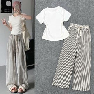 Set bộ Bigsize Nữ áo thun basic trơn kèm quần dài dáng suôn kẻ sọc eo co giãn mặc thoáng mát (50-95kg) -SET972