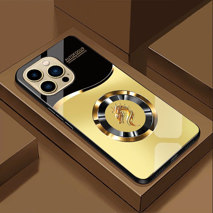 Ốp Lưng cho IPHONE 12, 12 PRO, 12 PRO MAX Mặt kính cường lực, cao cấp Họa tiết RỒNG VÀNG