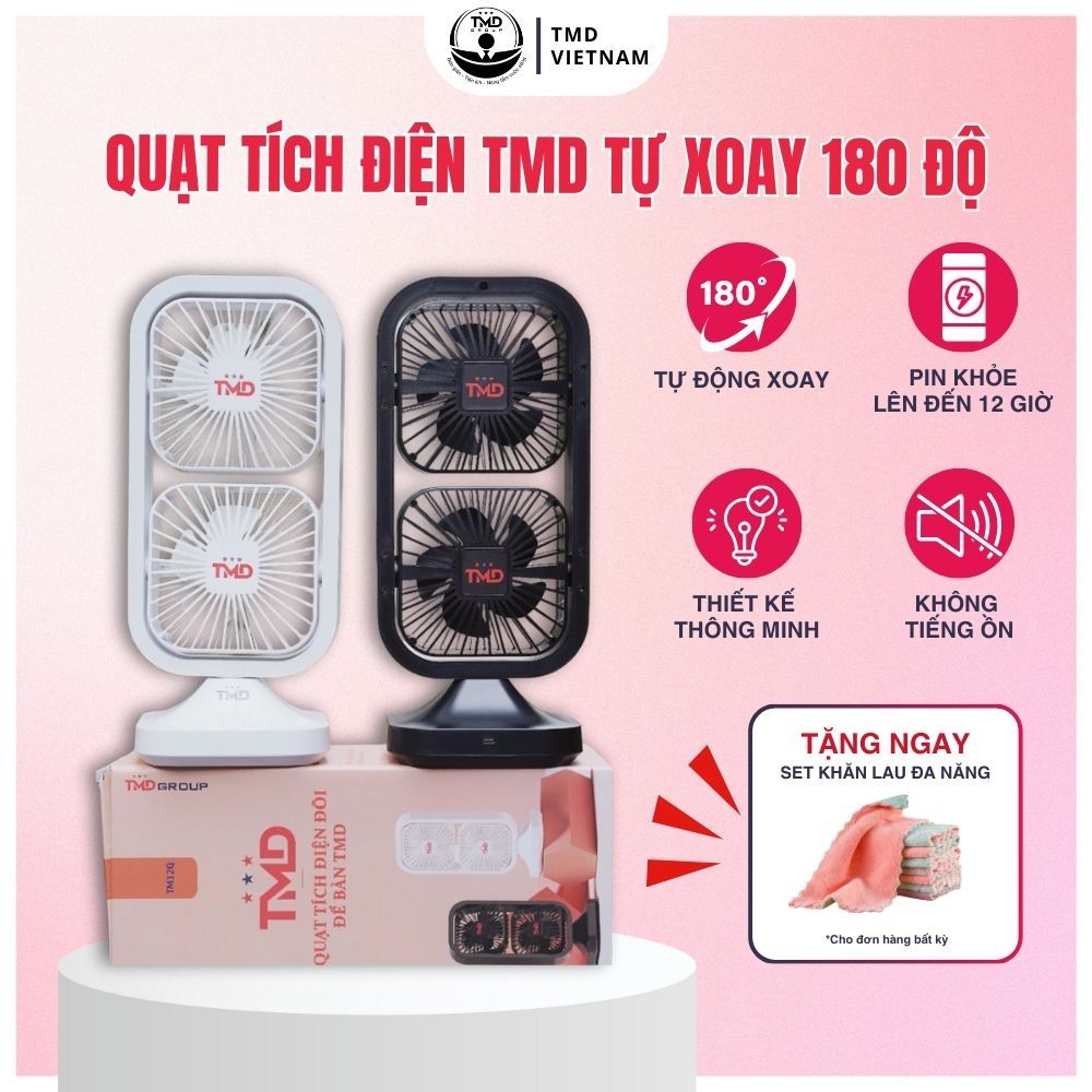 Quạt Để Bàn Xoay 180 Độ TMD - Quạt Tích Điện Tới 12 giờ, Gió Mạnh Đa Chiều, Chất Liệu ABS Bền Bỉ