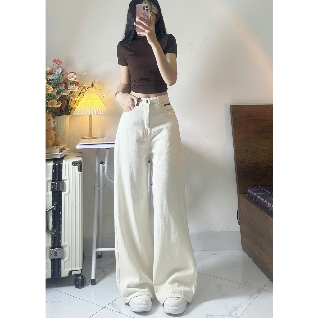 Quần jeans bò màu kem ống suông rộng phong cách Hàn Quốc - 247store | BigBuy360 - bigbuy360.vn