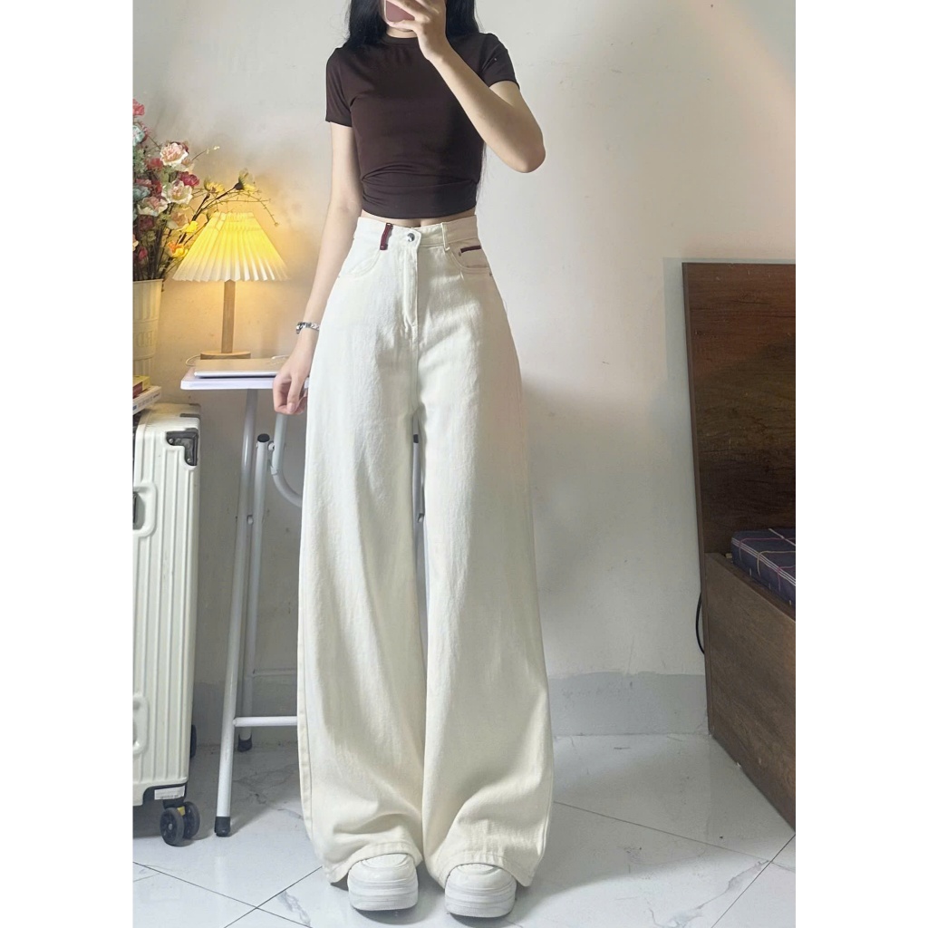 Quần jeans bò màu kem ống suông rộng phong cách Hàn Quốc - 247store | BigBuy360 - bigbuy360.vn