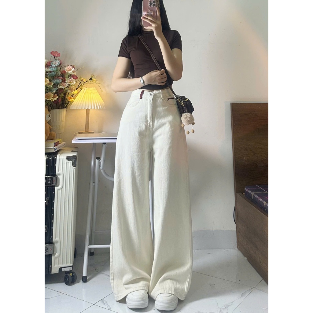 Quần jeans bò màu kem ống suông rộng phong cách Hàn Quốc - 247store | BigBuy360 - bigbuy360.vn