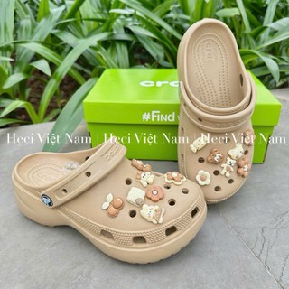  Dép Cross Classic Sandal Crush Clog màu Nâu đế cao 7cm,Sục Cross độn đế tôn dáng tặng charm dễ thương   Sục Cong   