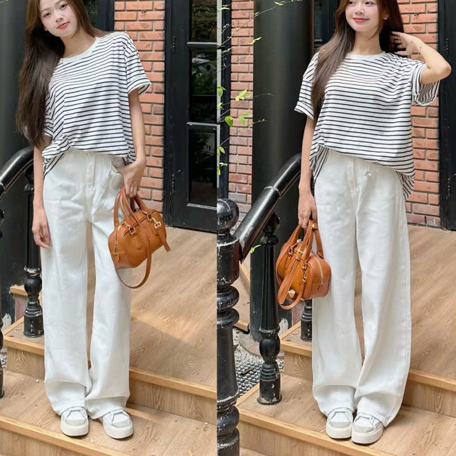 Quần jeans bò màu kem ống suông rộng phong cách Hàn Quốc - 247store | BigBuy360 - bigbuy360.vn