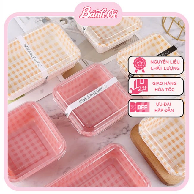 Set 10 Hộp đựng bánh, hộp nhựa vuông caro đựng bánh, hộp nhựa thực phẩm đựng bánh mochi, bento..
