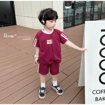 Set bộ thể thao Beemo cộc tay in chữ nổi vải cotton thoáng mát cho bé trai từ 9-24kg 4178BHB