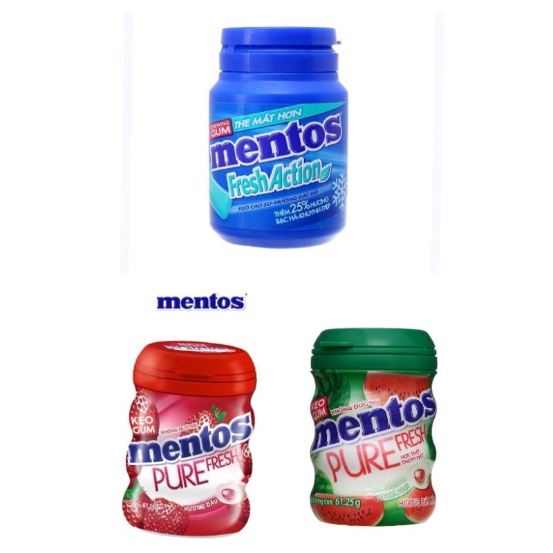 Kẹo cao su Mentos Fresh Action hương bạc hà, dâu, dưa hấu hu 61.2̃5g