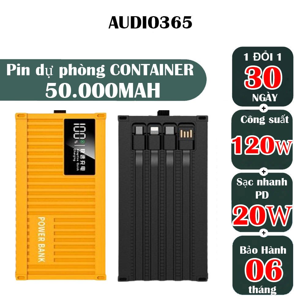 Sạc dự phòng CONTAINER 50.000MAH kèm dây sạc nhanh 4 đầu, sạc nhanh PD 120W - AUDIO365