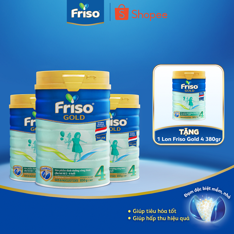 [Tặng 1 Lon Friso Gold 4 380G] Combo 3 Lon Sữa Bột Friso Gold 4 850g/lon