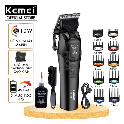 Tông đơ cắt tóc chuyên nghiệp Kemei KM-1858 lưỡi cắt mạ carbon công suất 10W điều chỉnh 5 mức tốc độ - Hàng chính hãng