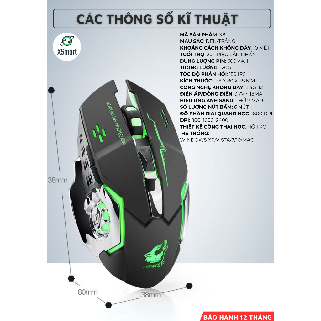 Chuột Không Dây Gaming Wolf X8 LED 7 Màu RGB, Pin Có Thể Sạc Dùng Cực Lâu, Chuột Chơi Game Không Dây | BigBuy360 - bigbuy360.vn