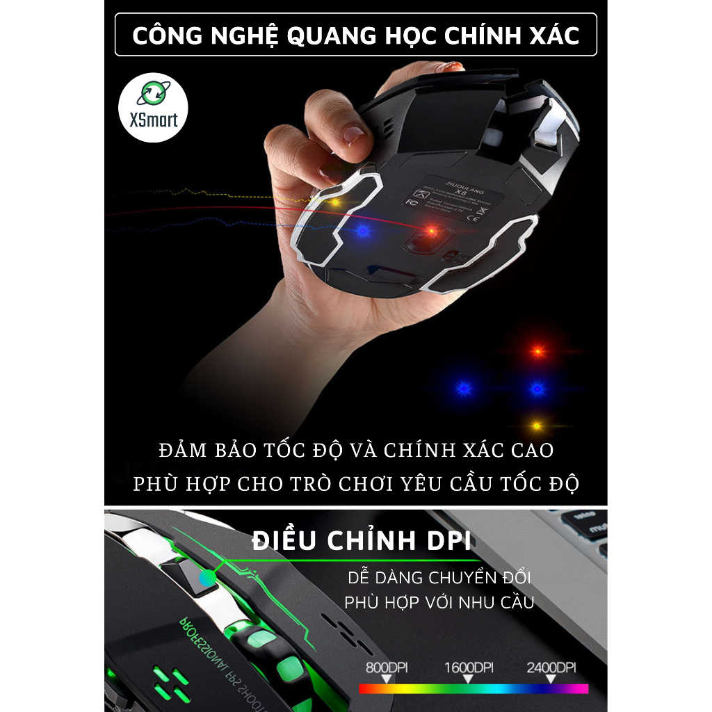 Chuột Không Dây Gaming Wolf X8 LED 7 Màu RGB, Pin Có Thể Sạc Dùng Cực Lâu, Chuột Chơi Game Không Dây | BigBuy360 - bigbuy360.vn