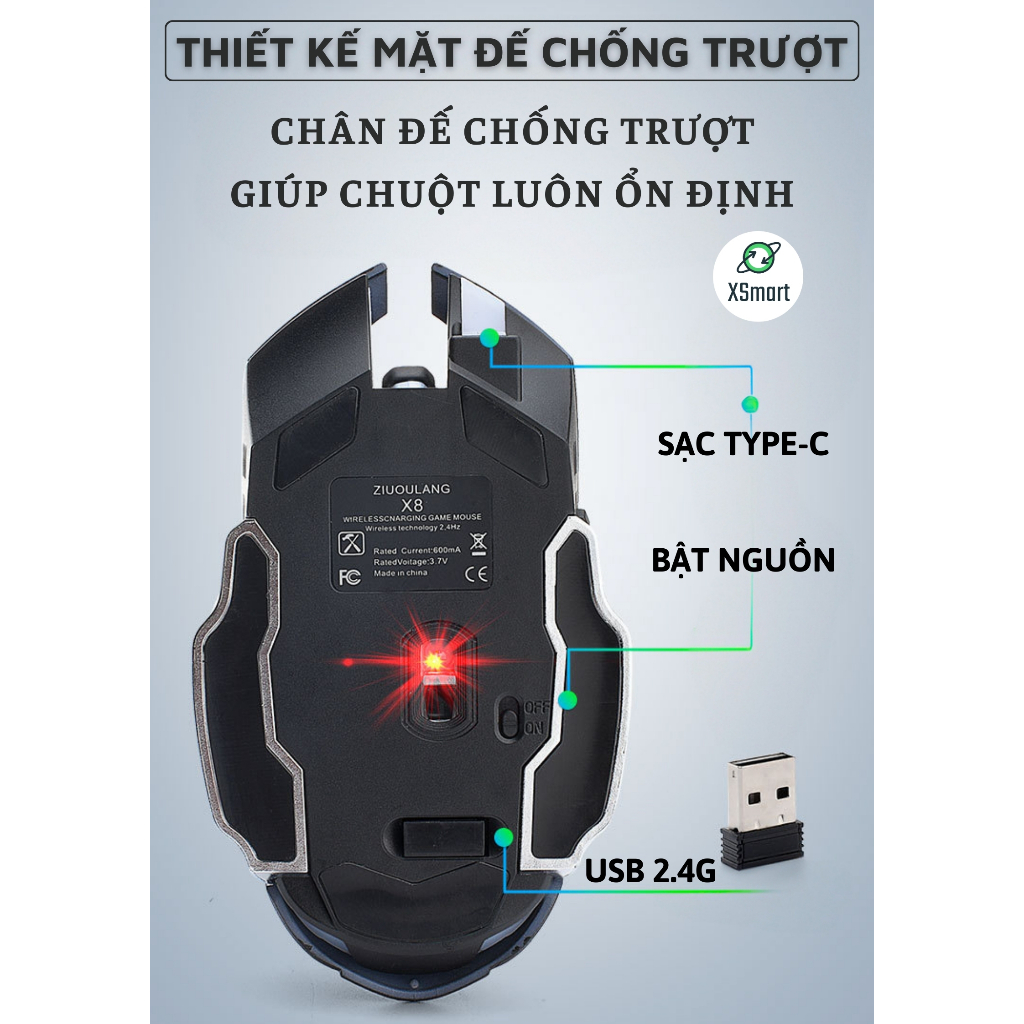 Chuột Không Dây Gaming Wolf X8 LED 7 Màu RGB, Pin Có Thể Sạc Dùng Cực Lâu, Chuột Chơi Game Không Dây | BigBuy360 - bigbuy360.vn