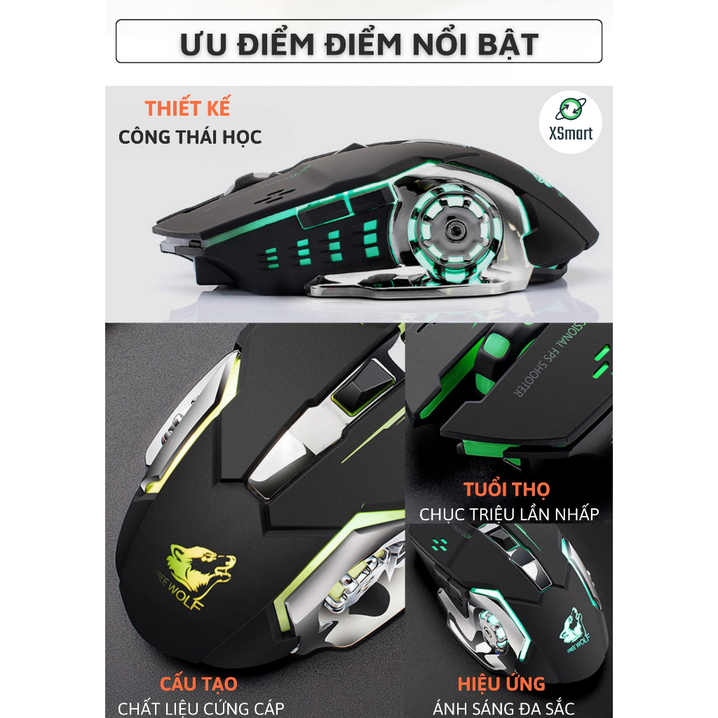 Chuột Không Dây Gaming Wolf X8 LED 7 Màu RGB, Pin Có Thể Sạc Dùng Cực Lâu, Chuột Chơi Game Không Dây | BigBuy360 - bigbuy360.vn