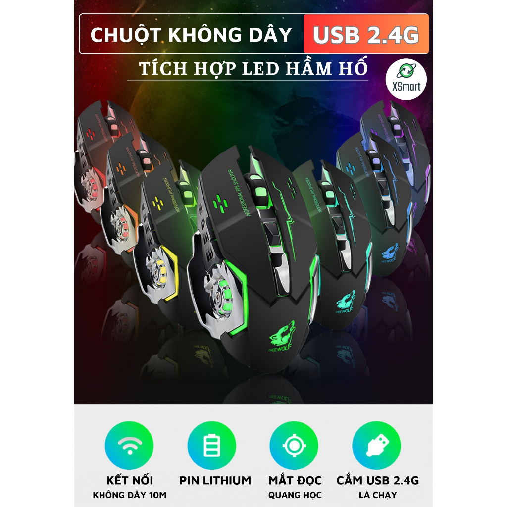 Chuột Không Dây Gaming Wolf X8 LED 7 Màu RGB, Pin Có Thể Sạc Dùng Cực Lâu, Chuột Chơi Game Không Dây | BigBuy360 - bigbuy360.vn
