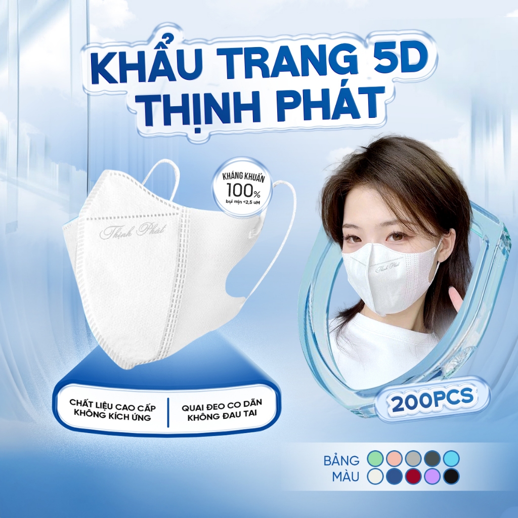 200 chiếc Khẩu trang Thịnh Phát 5D màu trắng 3 lớp kháng khuẩn chống tia UV an toàn túi Zip tiện lợi