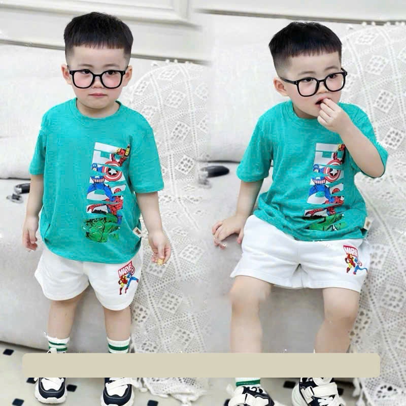 Bộ quần đùi áo cộc tay, sét mùa hè MARVEL xanh lá mix quần nỉ cua trắng cho bé từ 9-28kg