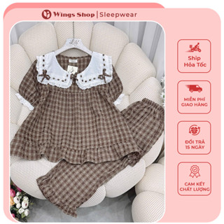 Đồ Bộ Mặc Nhà Cộc Dài Mùa Hè Nữ Cổ Vuông Phối Nơ Tay Bồng Dáng Áo Babydoll Siêu Xinh, Đồ Ngủ Tiểu Thư Đũi Hàn Mát Mẻ