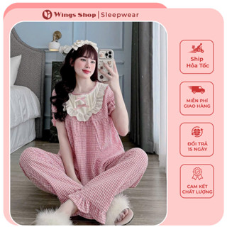 Đồ Bộ Nữ Tiểu Thư Cộc Dài Mùa Hè Cổ Yếm Siêu Xinh Chất Đũi Hàn Nhẹ Nhàng, Đồ Bộ Pyjama Cổ Yếm Tiểu Thư Nữ Sọc Caro