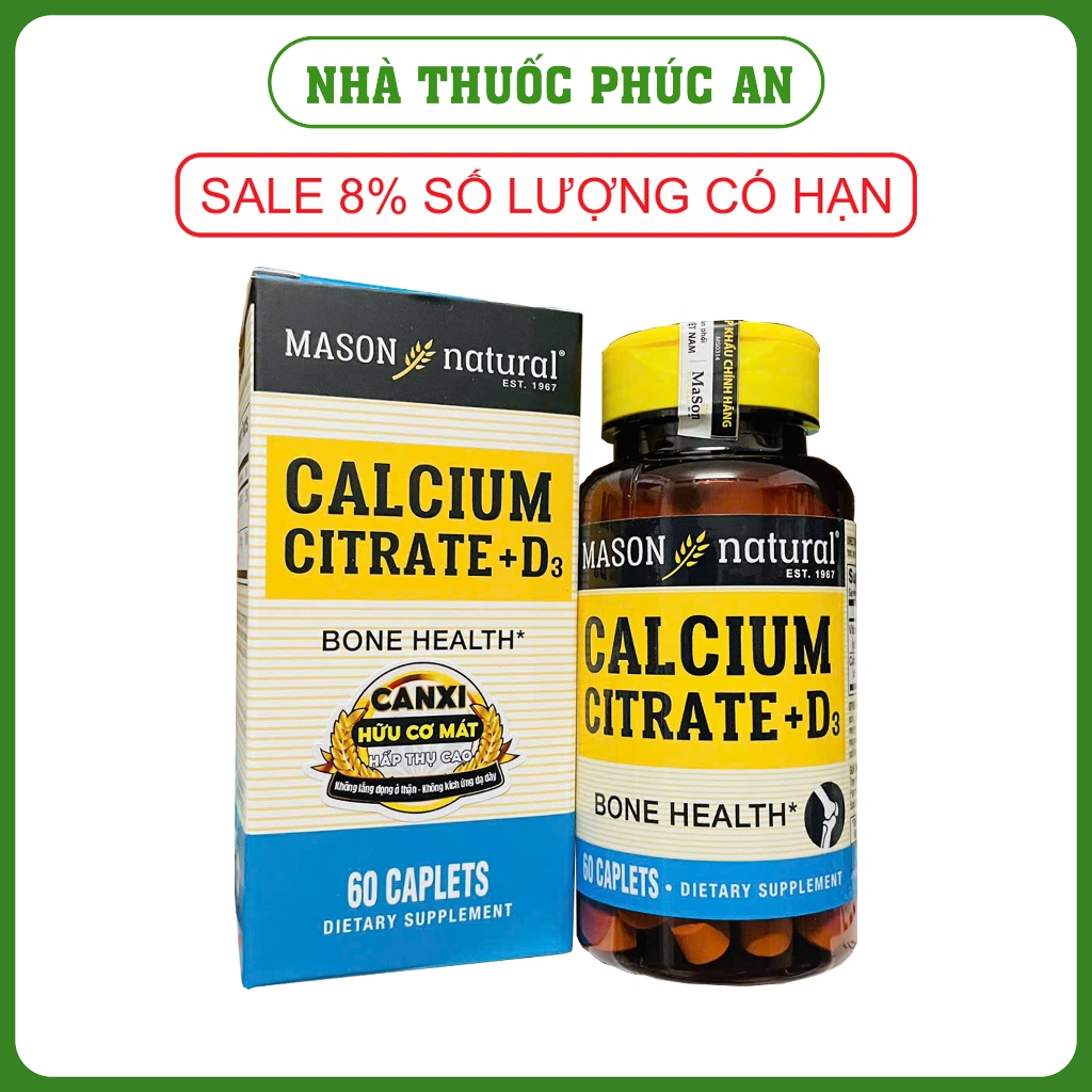 TPBVSK bổ sung Canxi hữu cơ + Vitamin D3 Mason Natural Calcium Citrate + D3 Caplets Mỹ 60 viên