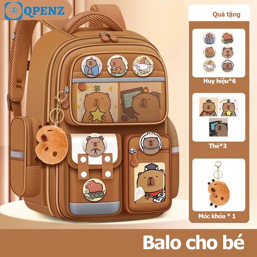 Balo cho bé QPENZ cặp đi học capybara thiết kế  tiện lợi nhiều ngăn phù chất lượng cao dày dặn