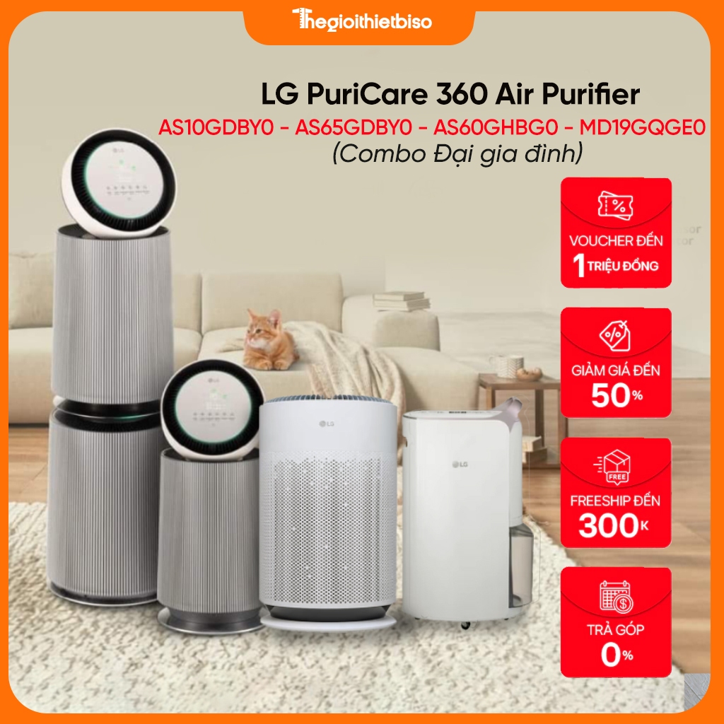 [COMBO ĐẠI GIA ĐÌNH] Máy lọc không khí LG PuriCare360 - AS10 - AS65 - AS60 - Máy hút ẩm - MD19GQGE0