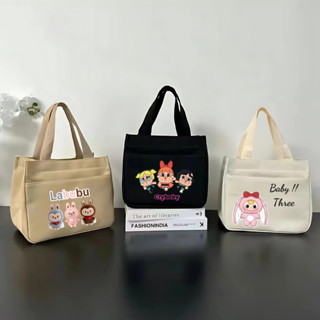 Túi Xách Tay Bằng Vải Canvas, Túi Mini Đa Năng In Hình Labubu Dễ Thương Có Ngăn Đựng Hộp Cơm Trưa