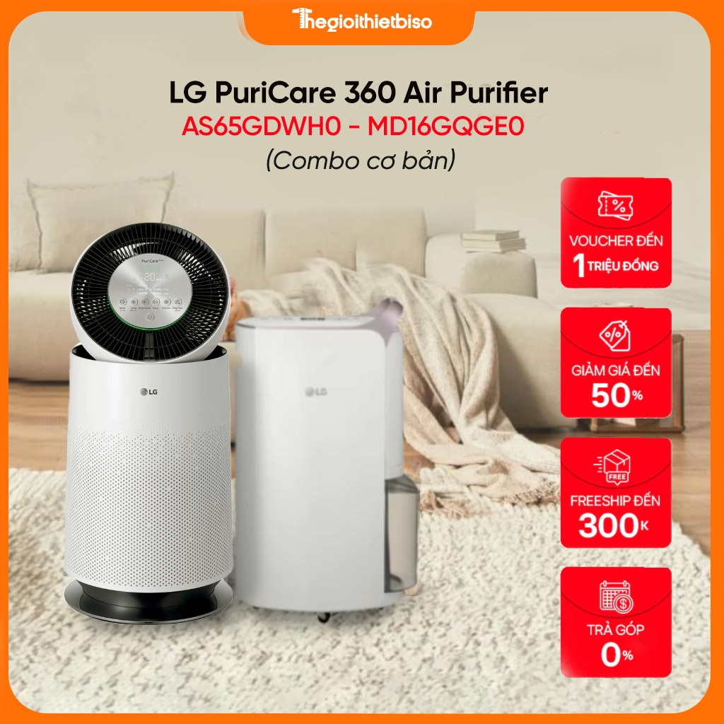 [COMBO CƠ BẢN] Máy lọc không khí LG PuriCare360 - AS65GDWH0 - Máy hút ẩm 16L LG - MD16GQGE0