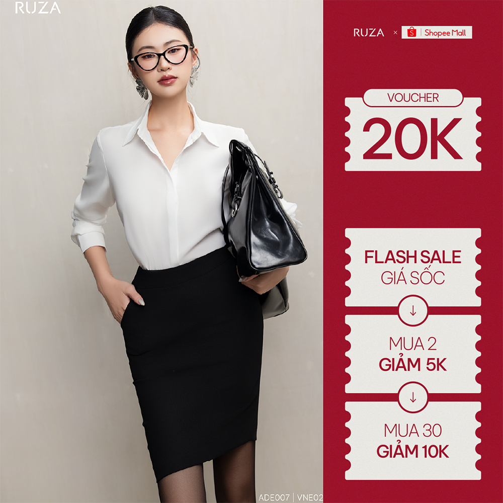 Áo sơ mi nữ RUZA chất liệu lụa màu trắng tay dài kiểu basic công sở mềm mại thoáng mát ADE007