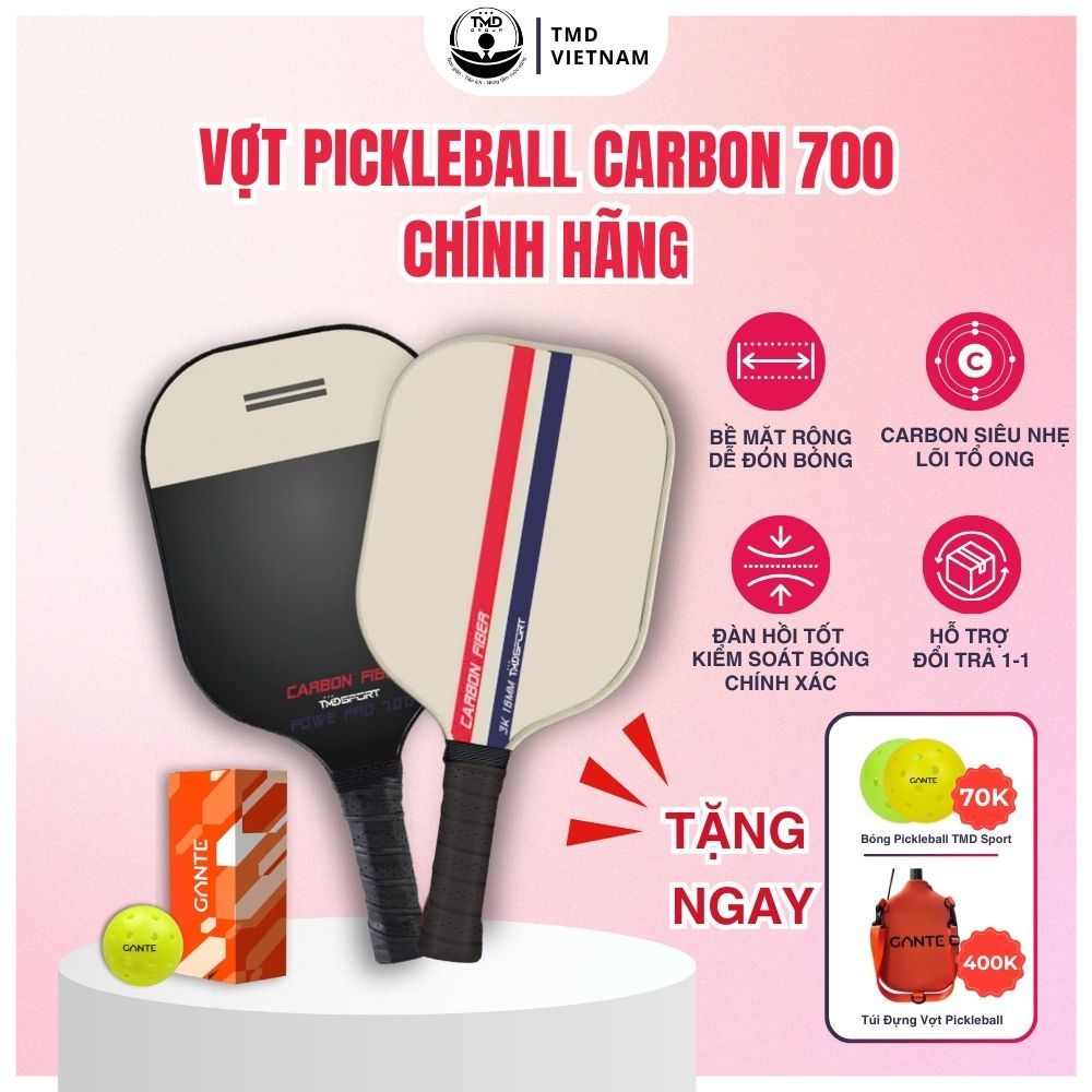 Vợt Pickleball TMD Sport Carbon T700, Combo 2 vợt, 4 bóng kèm túi đựng