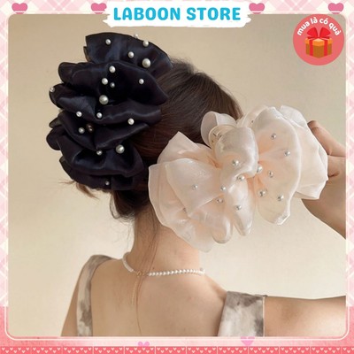 kẹp tóc càng cua LABOON chất liệu voan xếp ly nhiều lớp bồng bềnh đính ngọc sang trọng thanh lịch