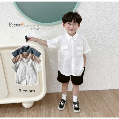 Áo sơ mi Beemo cộc tay cổ đức phối 2 túi trước vải đũi thoáng mát đi học đi chơi cho bé trai từ 1 đến 6 tuổi - 22014A